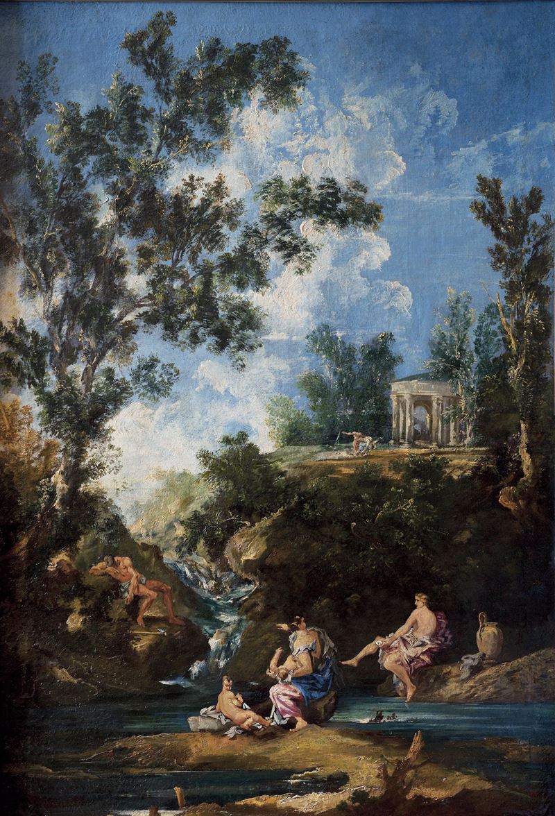 Angelo Visoni (XX secolo) Paesaggio in stile settecentesco con fanciulle al bagno  - olio su tela - Asta Dipinti Antichi - I - Cambi Casa d'Aste
