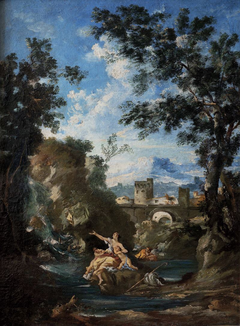 Angelo Visoni (XX secolo) Paesaggio in stile settecentesco con famiglia di pastori  - olio su tela - Asta Dipinti Antichi - I - Cambi Casa d'Aste