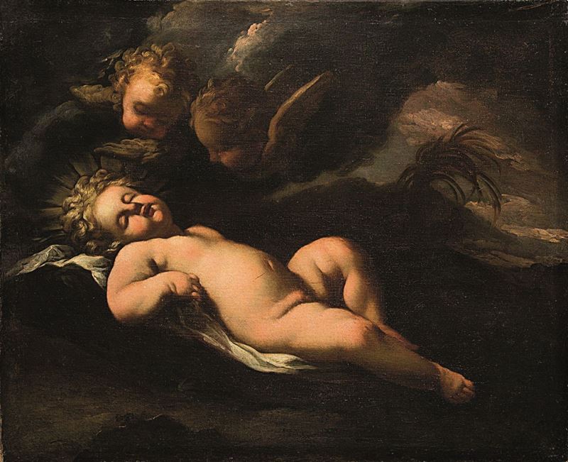 Luigi Miradori detto il Genovesino : Gesù Bambino tra angeli  - olio su tela - Asta Old Masters - III - Cambi Casa d'Aste