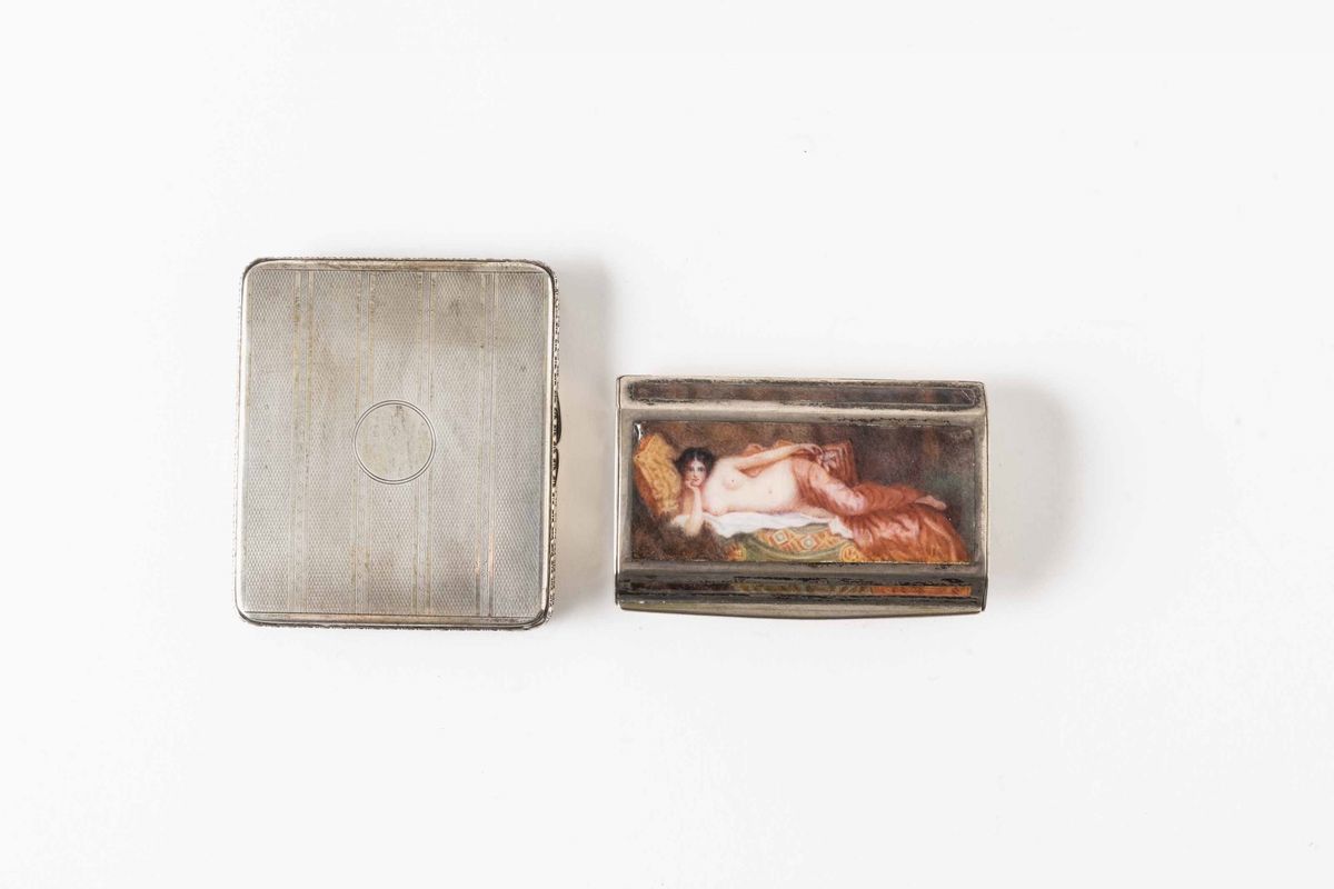 Due Portasigarette. Argento Fuso, Cesellato e Smalti Colorati. Argenteria Artistica del XX Secolo