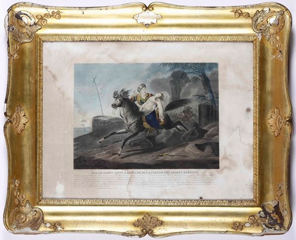 Incisioni decorative - secolo XIX Coppia di incisioni raffiguranti storie e personaggi del mondo arabo. Parigi, metà secolo XVIII