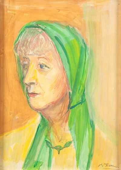 Ritratto femminile con manto verde, tempera su carta applicata su compensato