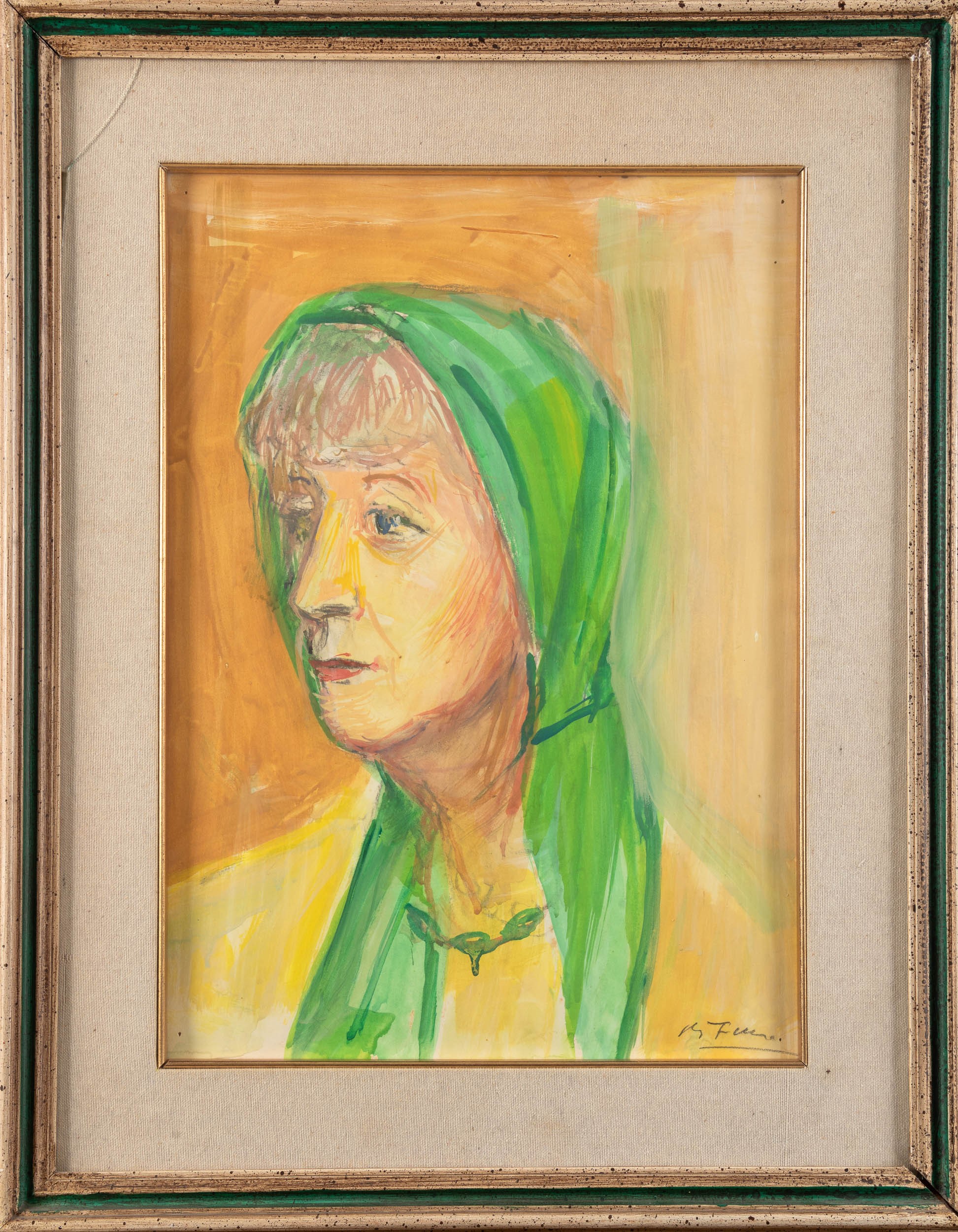 Achille Funi - Ritratto femminile con manto verde, tempera su carta applicata su compensato