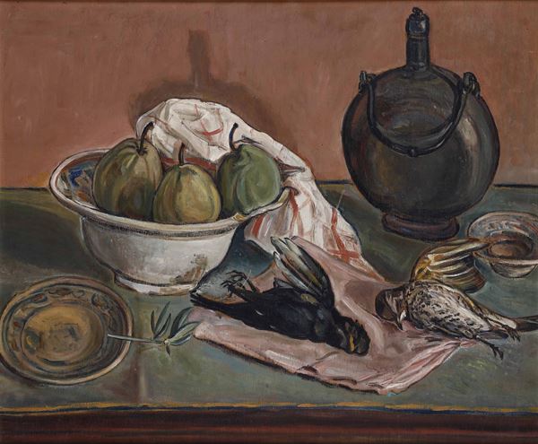 Oscar Saccorotti - Natura morta con frutta e uccelli