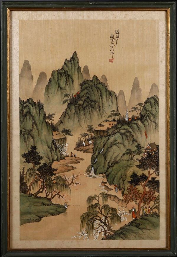 Coppia di dipinti su seta con paesaggi e iscrizioni, Cina, XX secolo