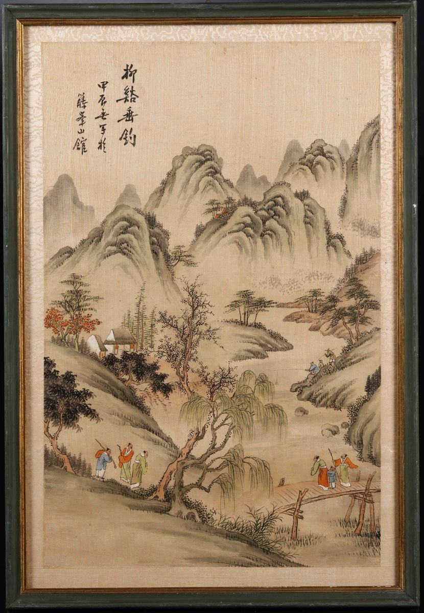 Coppia di Dipinti su Seta con Paesaggi e Iscrizioni, Cina, XX Secolo