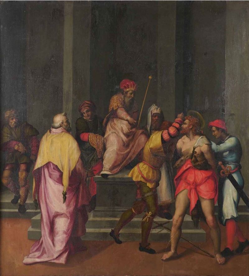 Scuola toscana del XVI secolo Erode e la cattura di San Giovanni Battista  - olio su tela - Asta Old Masters - Cambi Casa d'Aste
