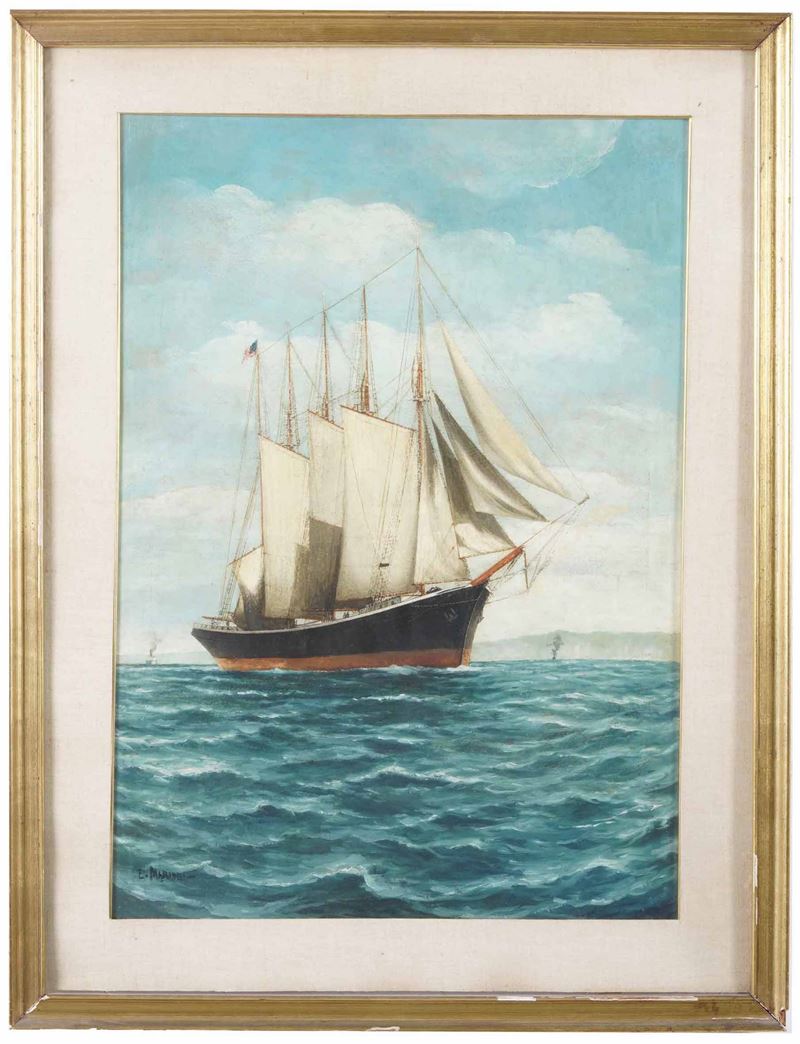 Anonimo del XX secolo Veliero con bandiera americana  - Olio su tela - Auction 19th Century Paintings - Cambi Casa d'Aste