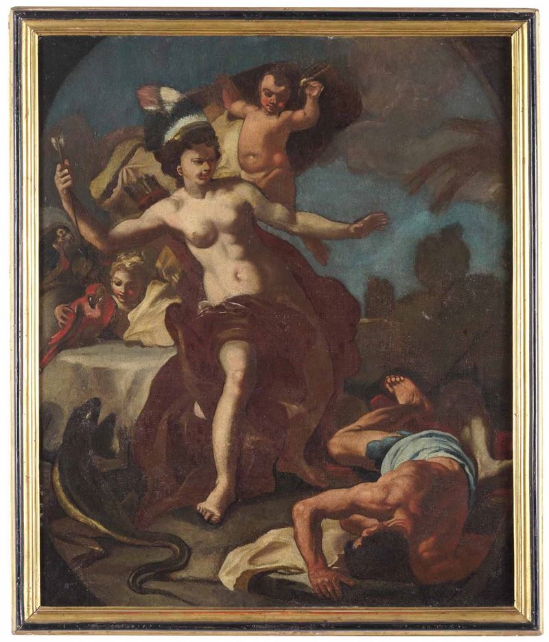 Scuola napoletana della fine del XVII secolo Allegoria dell’America  - olio su tela - Asta Dipinti Antichi - Cambi Casa d'Aste
