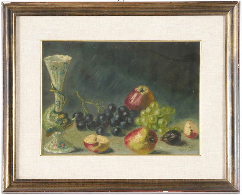 Anonimo del XX secolo Natura morta con vaso e frutta  - Olio su tavola - Asta Dipinti del XIX-XX secolo - Cambi Casa d'Aste