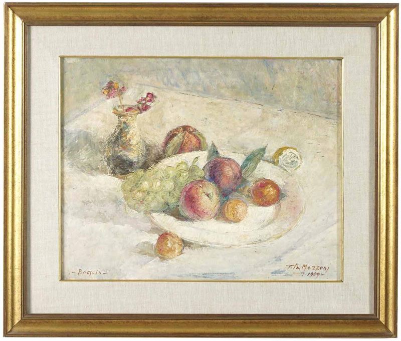 Giovanni Battista Mozzoni detto Tita (1894-1986) Natura morta con frutta e fiori  - Olio su tavola - Auction 19th Century Paintings - Cambi Casa d'Aste