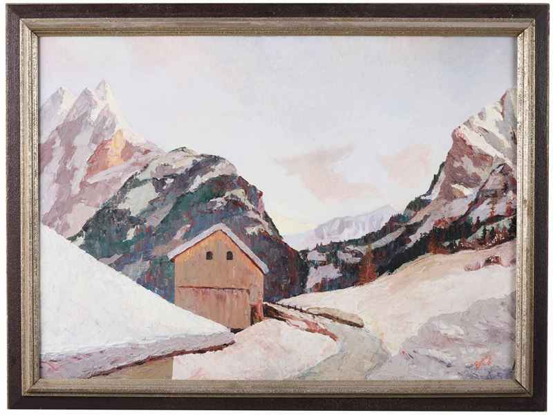 Giuseppe Sopraperra (1912-1985) Paesaggio montano con baita  - Olio su tela - Asta Dipinti del XIX-XX secolo - Cambi Casa d'Aste