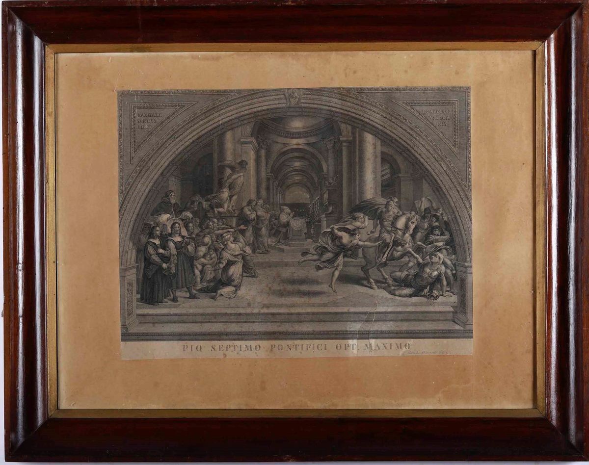 Sei Stampe in Cornice Raffiguranti Dipinti di Raffaello ai Musei Vaticani.