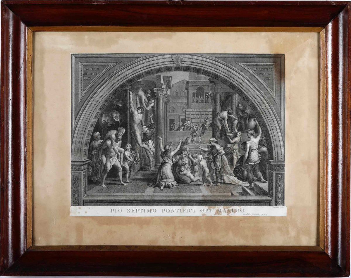 Sei Stampe in Cornice Raffiguranti Dipinti di Raffaello ai Musei Vaticani.