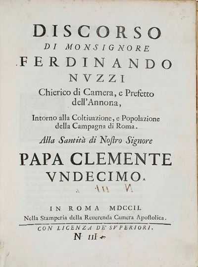 Nuzzi Ferdinando Discorso di Monsignore...intorno alla Coltivazione e Popolazione della Campagna ...