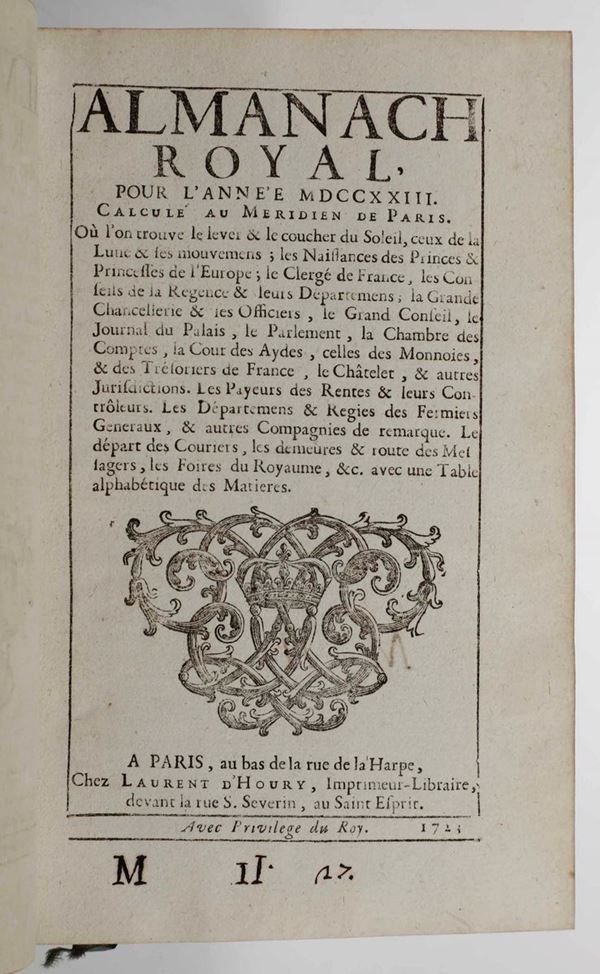 Almanach Royal pour l’année 1723. A Paris, chez Laurent d’Houry, 1723. 
