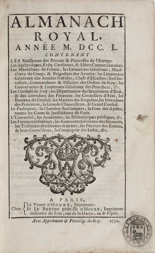 Almanach Royal année 1750...A Paris, La veuve d’Houry et le Breton