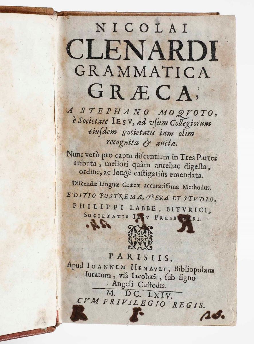 Nicola Clenardi - Grammatica Graeca, Parigi, Apud Ioanem Henault, 1664
