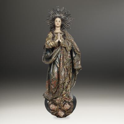 Vergine Immacolata. Ricami in Filo Dorato e Aureola a Raggiera in Argento ?. Spagna o Colonie Isp...