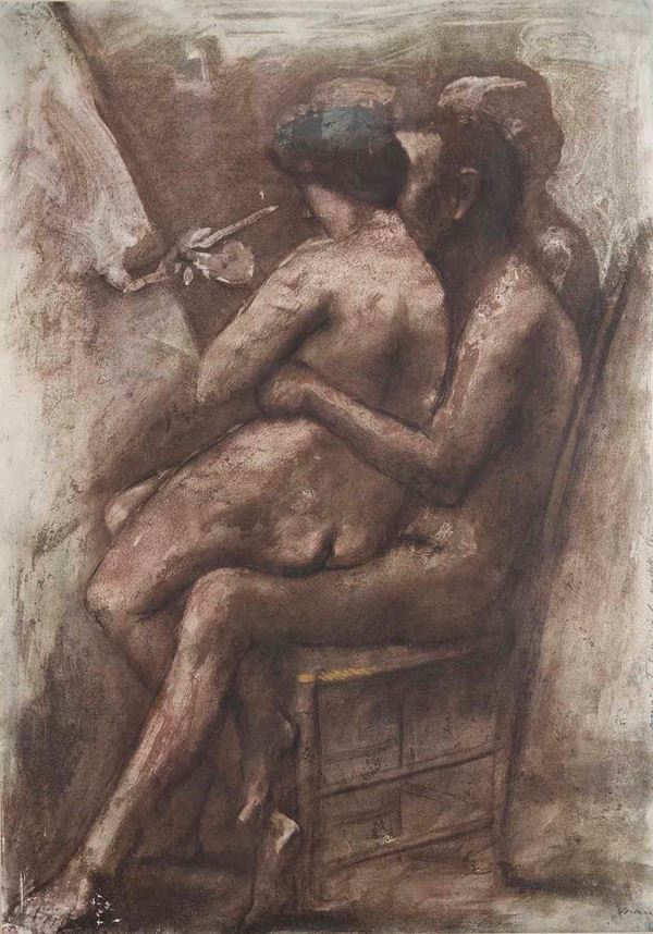 Giacomo Manz&#249; - Autoritratto nudo con la modella