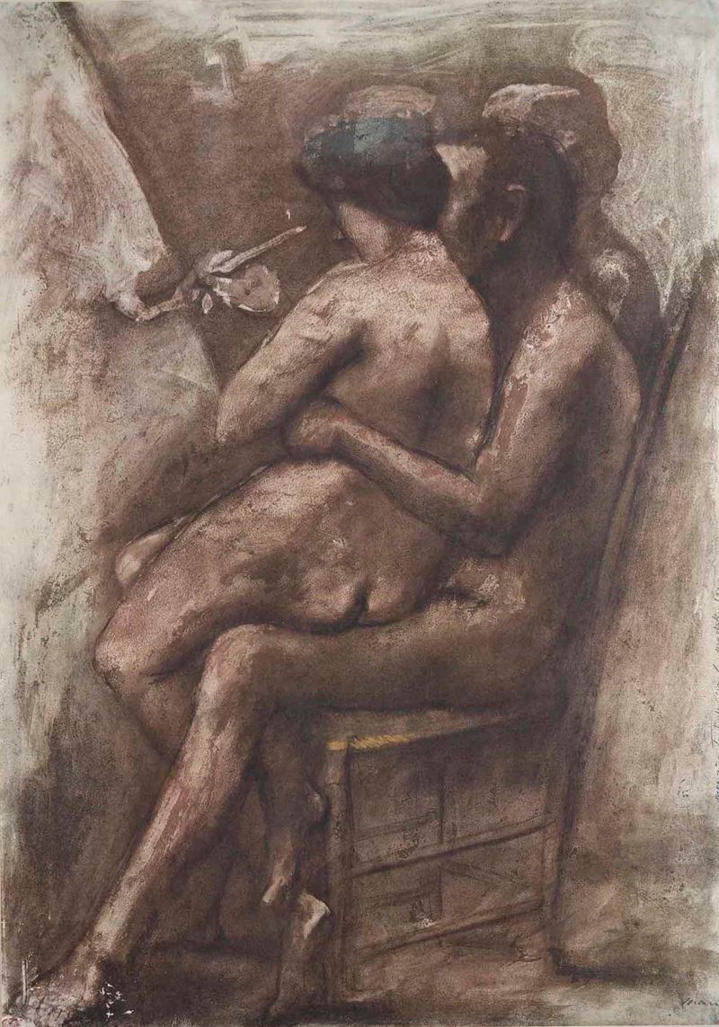 Giacomo Manz&#249; : Autoritratto nudo con la modella  (1943)  - litografia  [..]