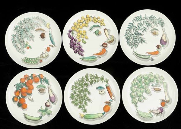 Piero Fornasetti - Six earthenware plates, Milan, 1950 ca.