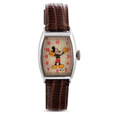 Mickey Mouse, Forma Tonneau in Metallo Cromato, Carica Manuale, Quadrante Argento Personalizzato ...