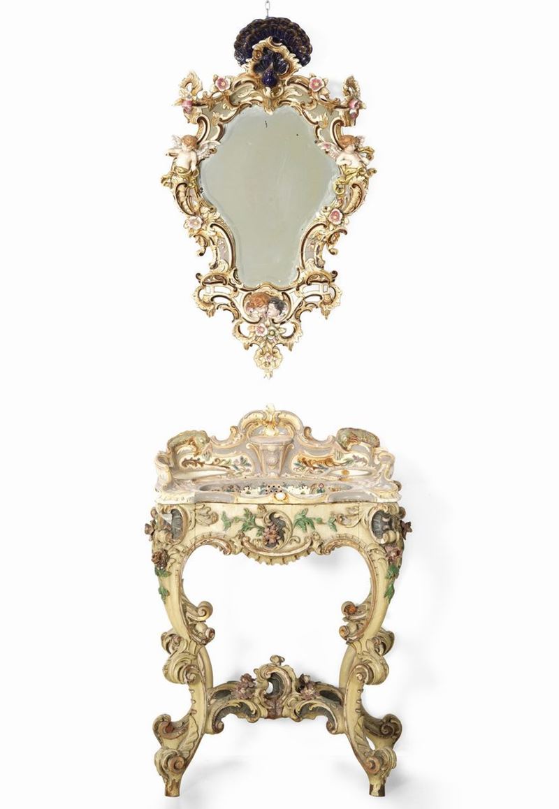 Lavello con specchio in ceramica dipinta, base in legno intagliato e laccato  - Auction Antique July | Cambi Time - Cambi Casa d'Aste