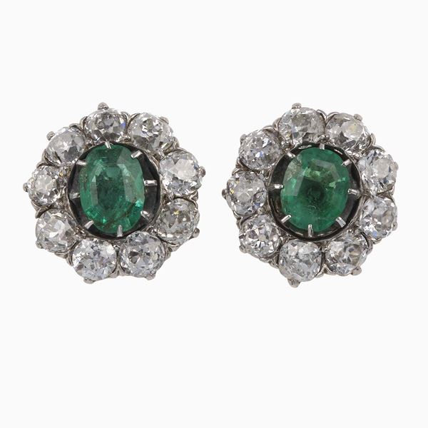 Pair of emerald and old-cut diamond earrings