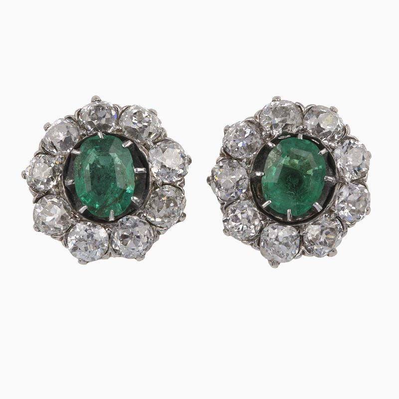 Pair of emerald and old-cut diamond earrings  - Auction Fine Jewels - Cambi Casa d'Aste