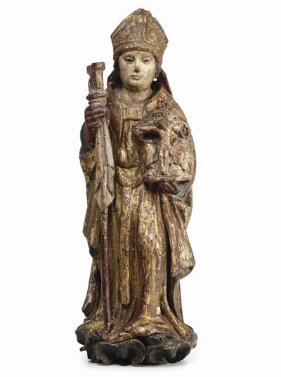 Santo Vescovo. Legno Scolpito, Dorato e Policromo. Arte Rinascimentale Dell’italia del Nord (lomb...