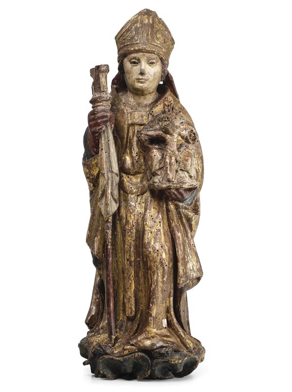 Santo Vescovo. Legno scolpito, dorato e policromo. Arte rinascimentale dell’Italia del nord (Lombardia?)