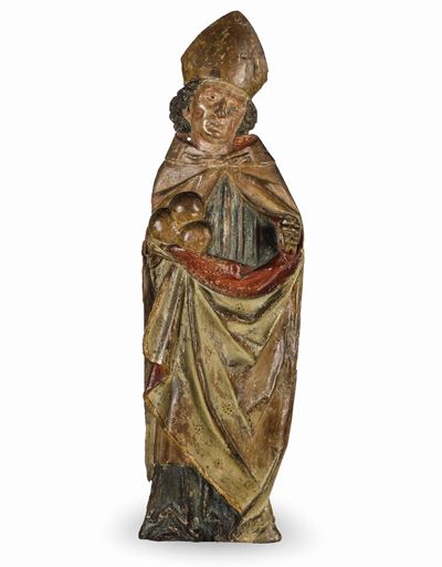 San Nicola. Rilievo in Legno Policromo. Arte Austriaca o Tirolese del XVI Secolo