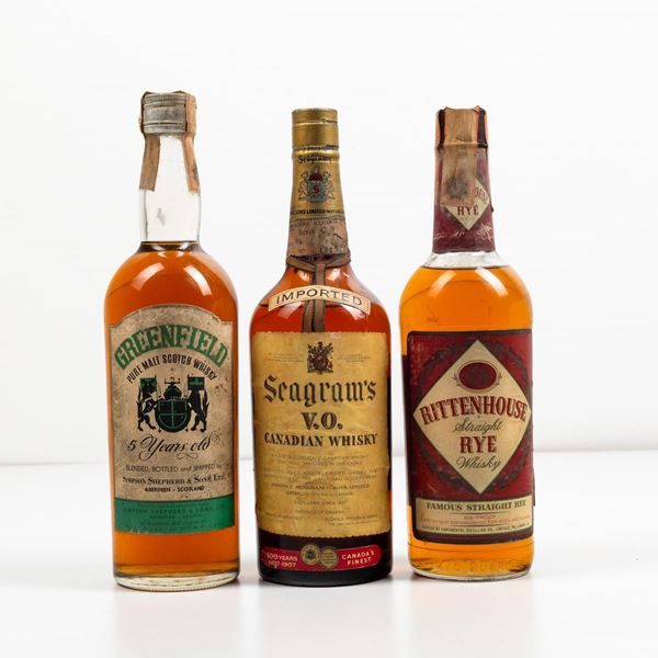 Rittenhouse, Straight Rye Whisky Seagram's, Canadian Whisky V.O. 100 years 1857-1957  Greenfield, Pure Malt Scotch Whisky 5 years old