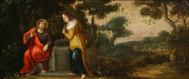 Scuola dl XVII secolo Cristo e la samaritana  - olio su tavola - Asta Dipinti Antichi | Cambi Time - Cambi Casa d'Aste