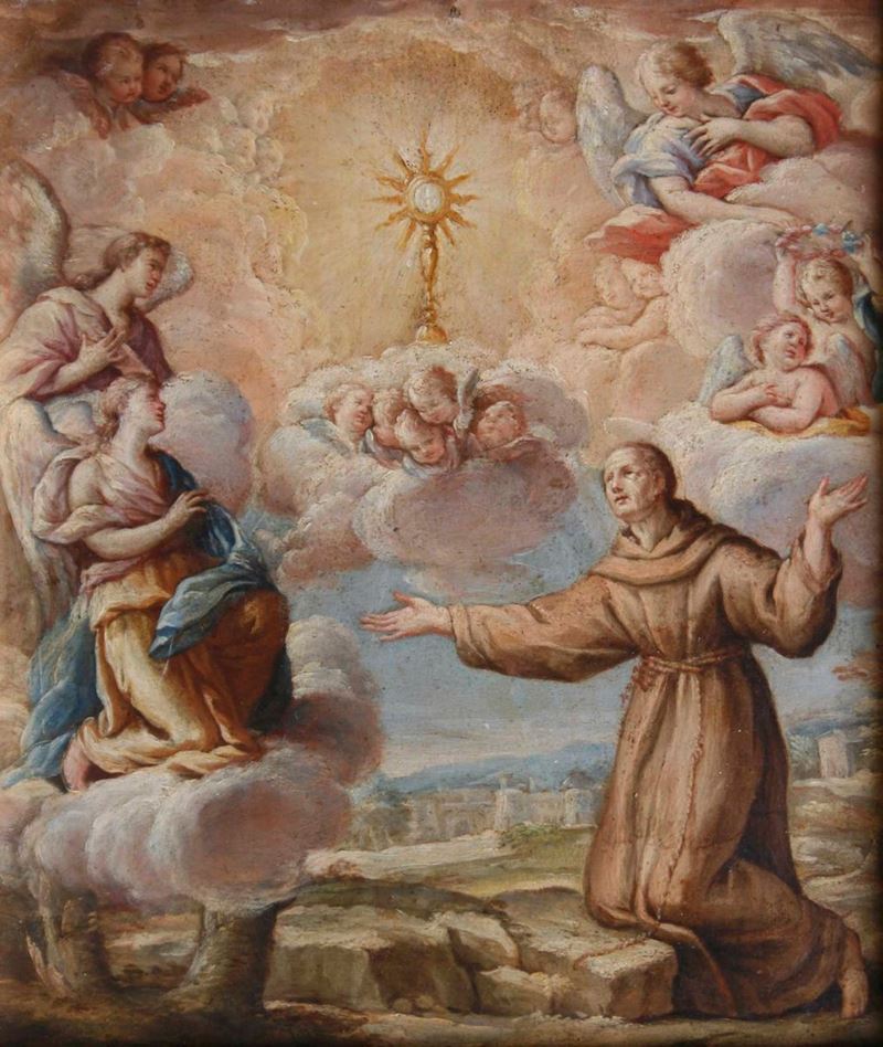 Scuola del XVIII secolo Santo francescano con angeli  - olio su rame - Asta Dipinti Antichi | Cambi Time - Cambi Casa d'Aste