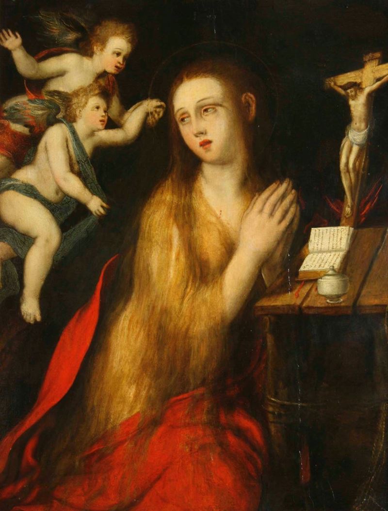 Scuola del XVII secolo Maddalena penitente con angeli  - olio su tavola - Asta Dipinti Antichi | Cambi Time - Cambi Casa d'Aste
