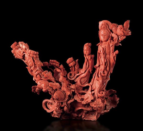 A large carved coral group, China, early 1900s