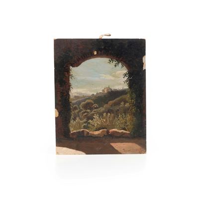Panorama attraverso un arco, olio su cartone