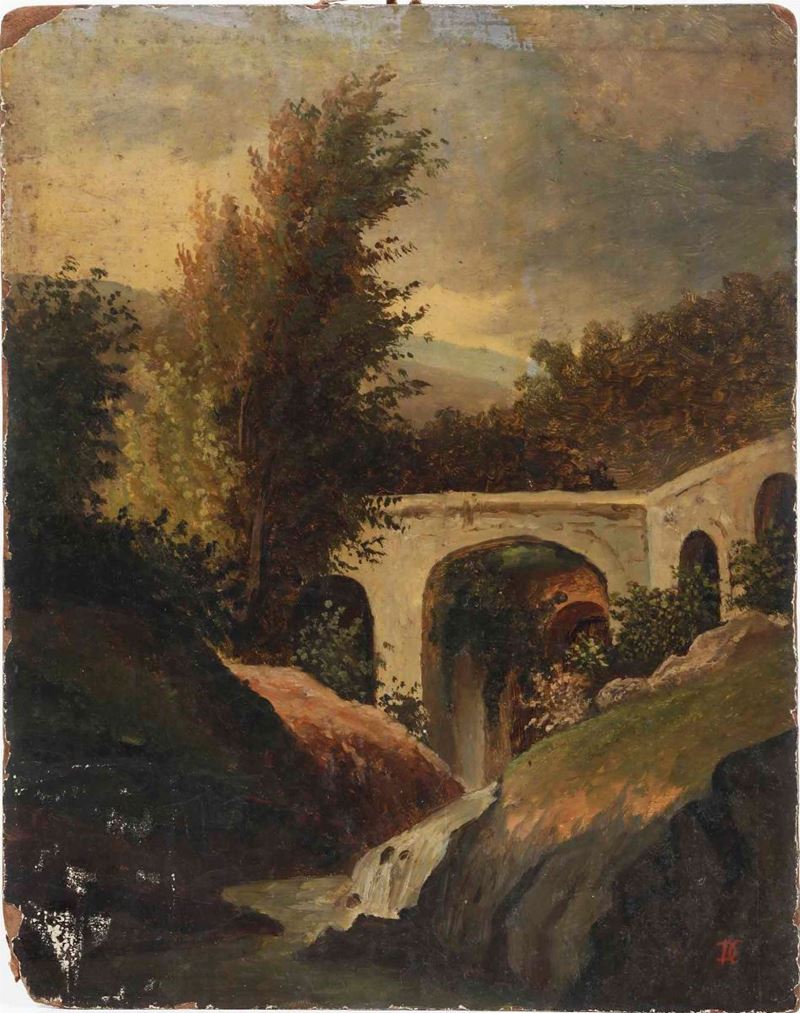Domenico Cambiaso : Vista dell’acquedotto storico  - olio su cartone - Asta Dipinti del XIX-XX secolo - Cambi Casa d'Aste