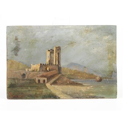 Pittore del XIX-XX secolo, Castello di Roseto al Capo Spulico (Mar Ionio), olio su tavola