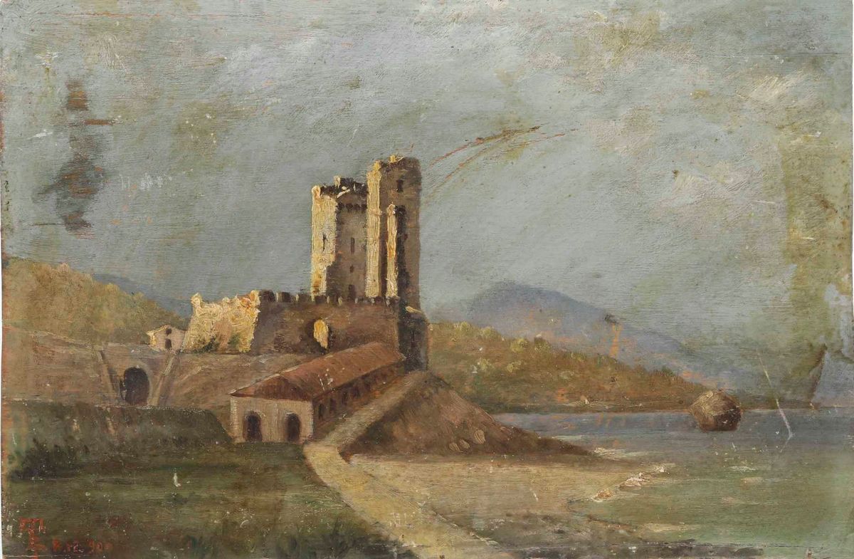 Pittore del XIX-XX secolo, Castello di Roseto al Capo Spulico (Mar Ionio), olio su tavola