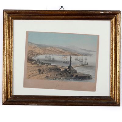 Stampa di Genova, Vista del Golfo e della Porta della Lanterna, metà XIX secolo, stampa a colori