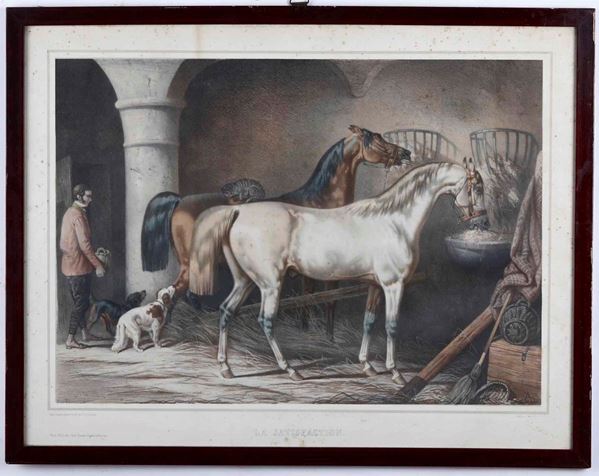 Stampa a colori di sapore animalier. Francia, XIX secolo La satisfaction