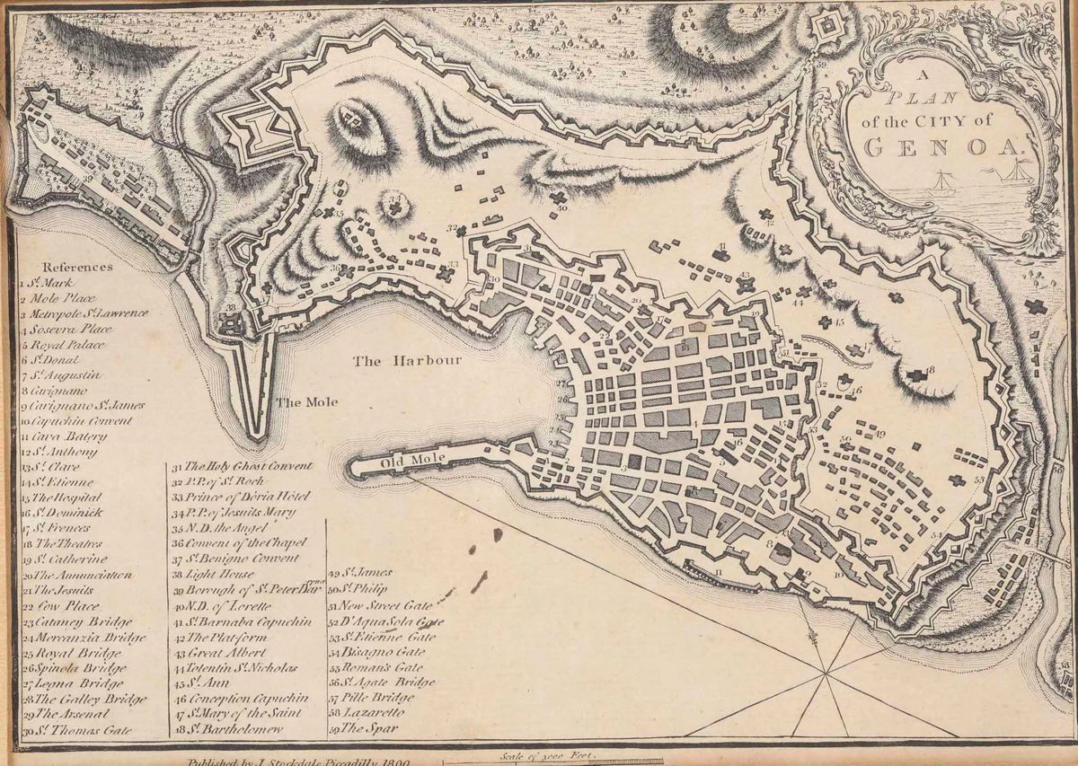 Pianta Inglese di Genova. Firmata: Published By J. Stockale Piccadilly 1800
