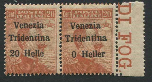 1918, Trentino-Alto Adige, 20h su 20c. sovrastampato "Venezia Tridentina (2) o Heller".  - Auction Philately and Postal History - Cambi Casa d'Aste