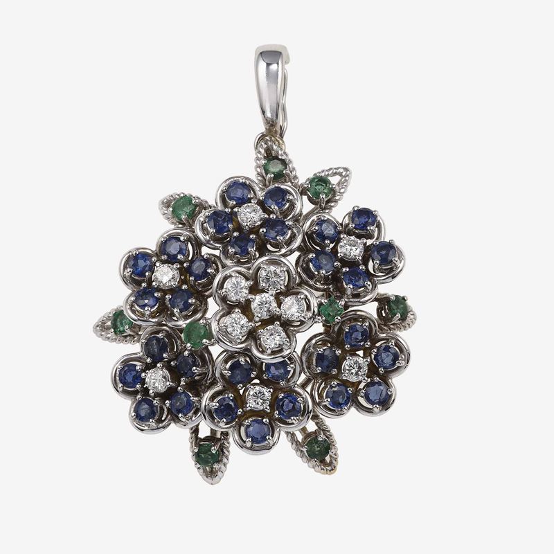 Spilla/pendente con zaffiri, smeraldi e diamanti  - Asta Fine Jewels - Cambi Casa d'Aste