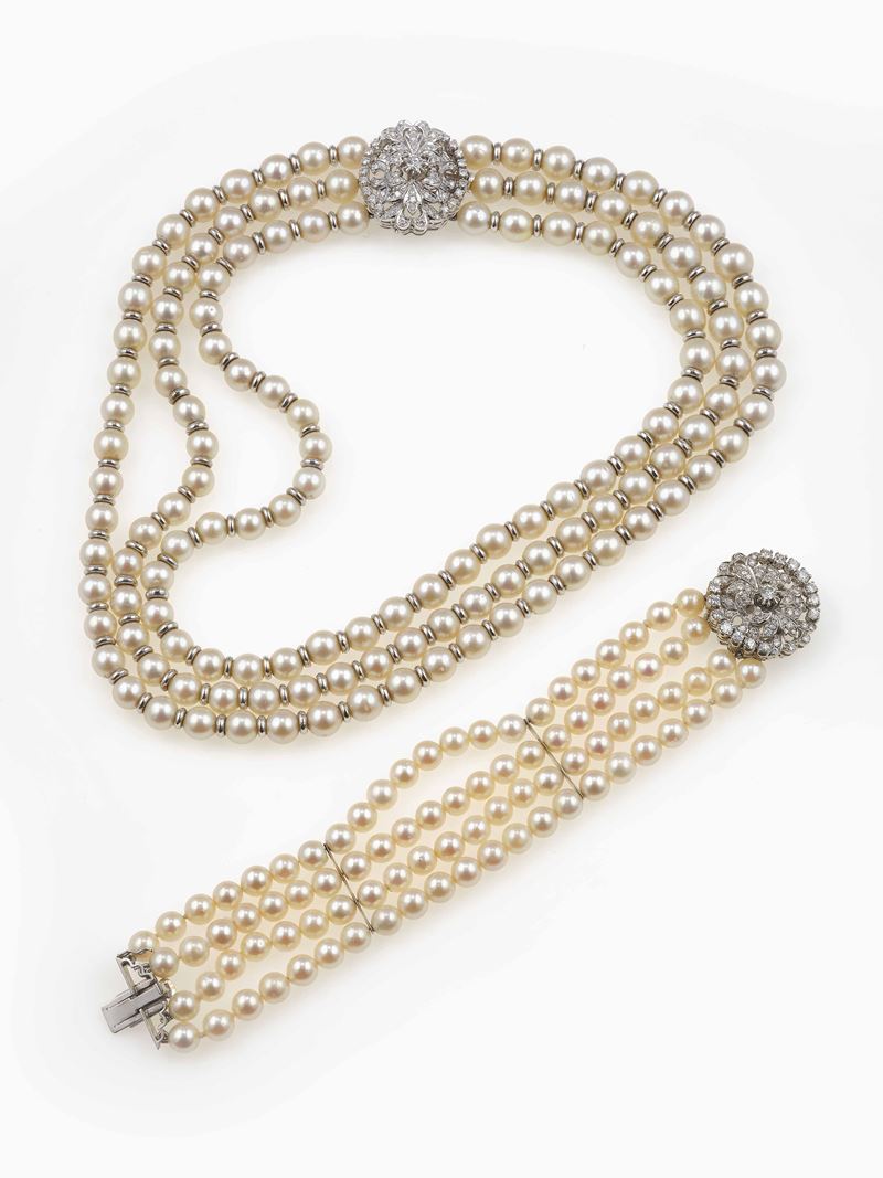 Cultured pearl, gold and diamond demi-parure  - Auction Fine Jewels - Cambi Casa d'Aste