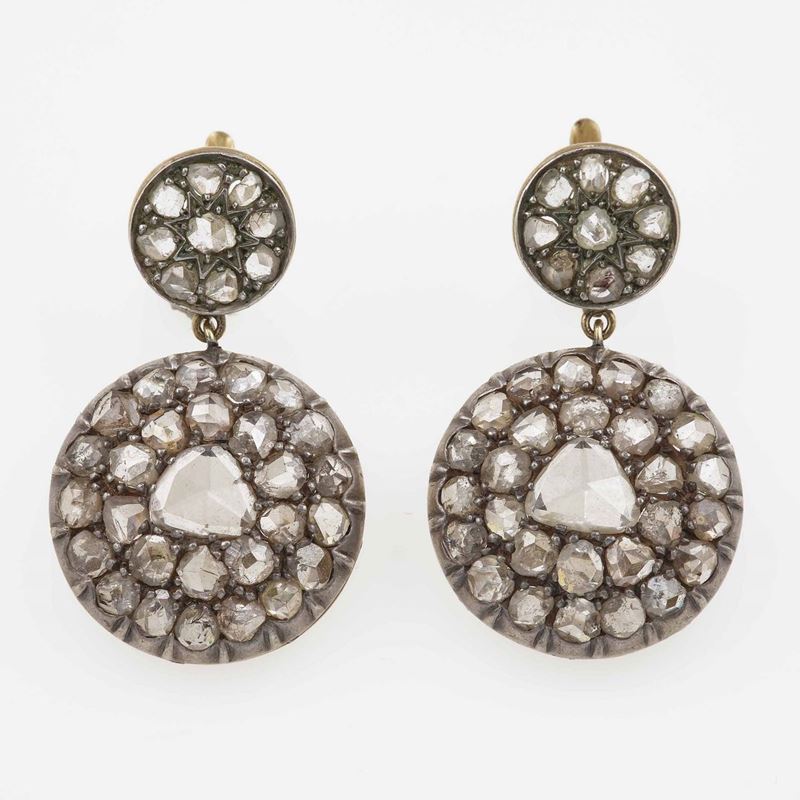 Pair of rose-cut diamond, gold and silver earrings  - Auction Fine Jewels - Cambi Casa d'Aste