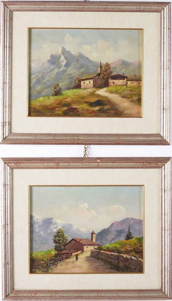 Coppia di dipinti raffiguranti paesaggi